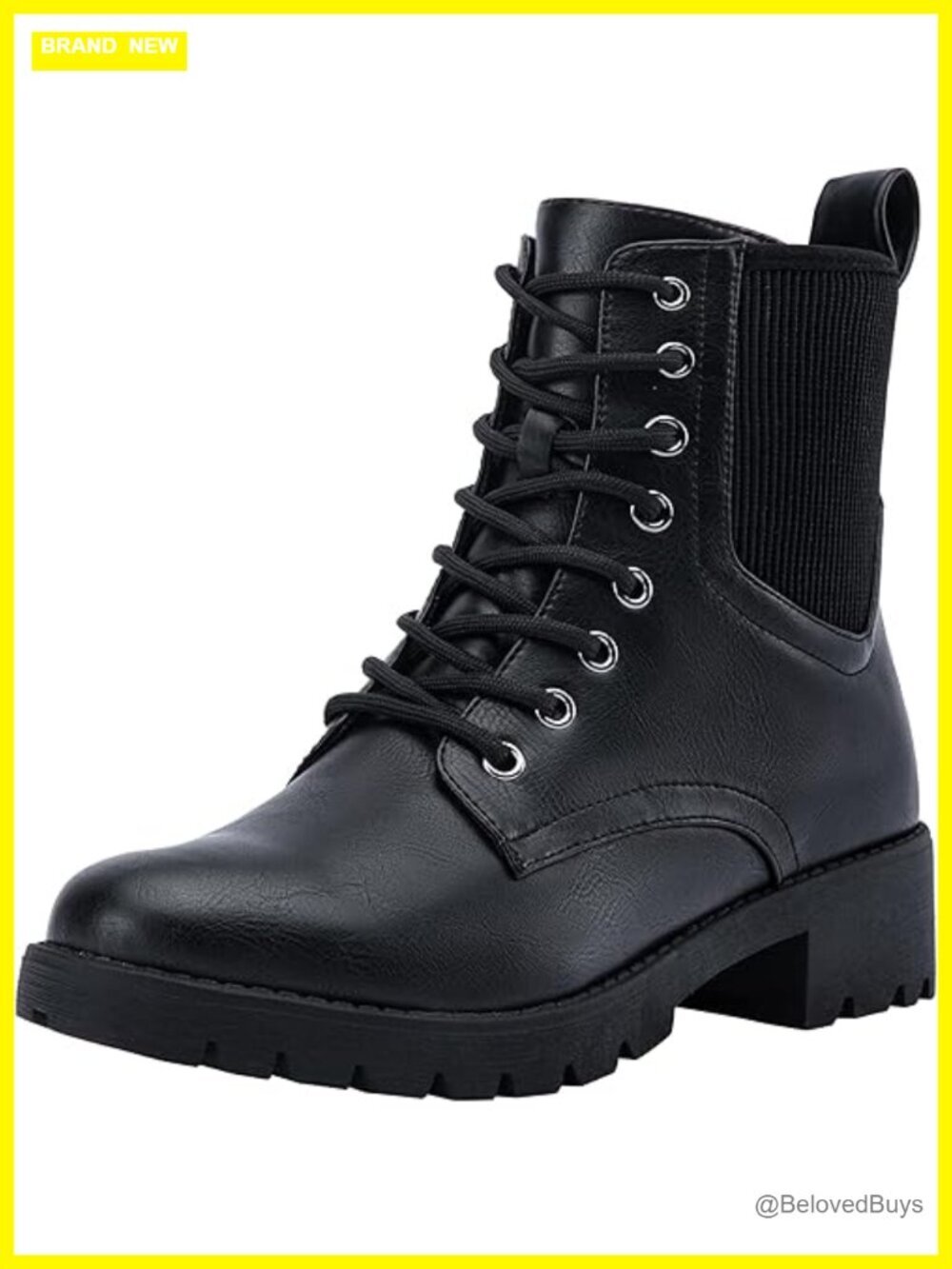 Faux Leather Combat Ankle Boots Lace Up Inside Zipper Low Heel